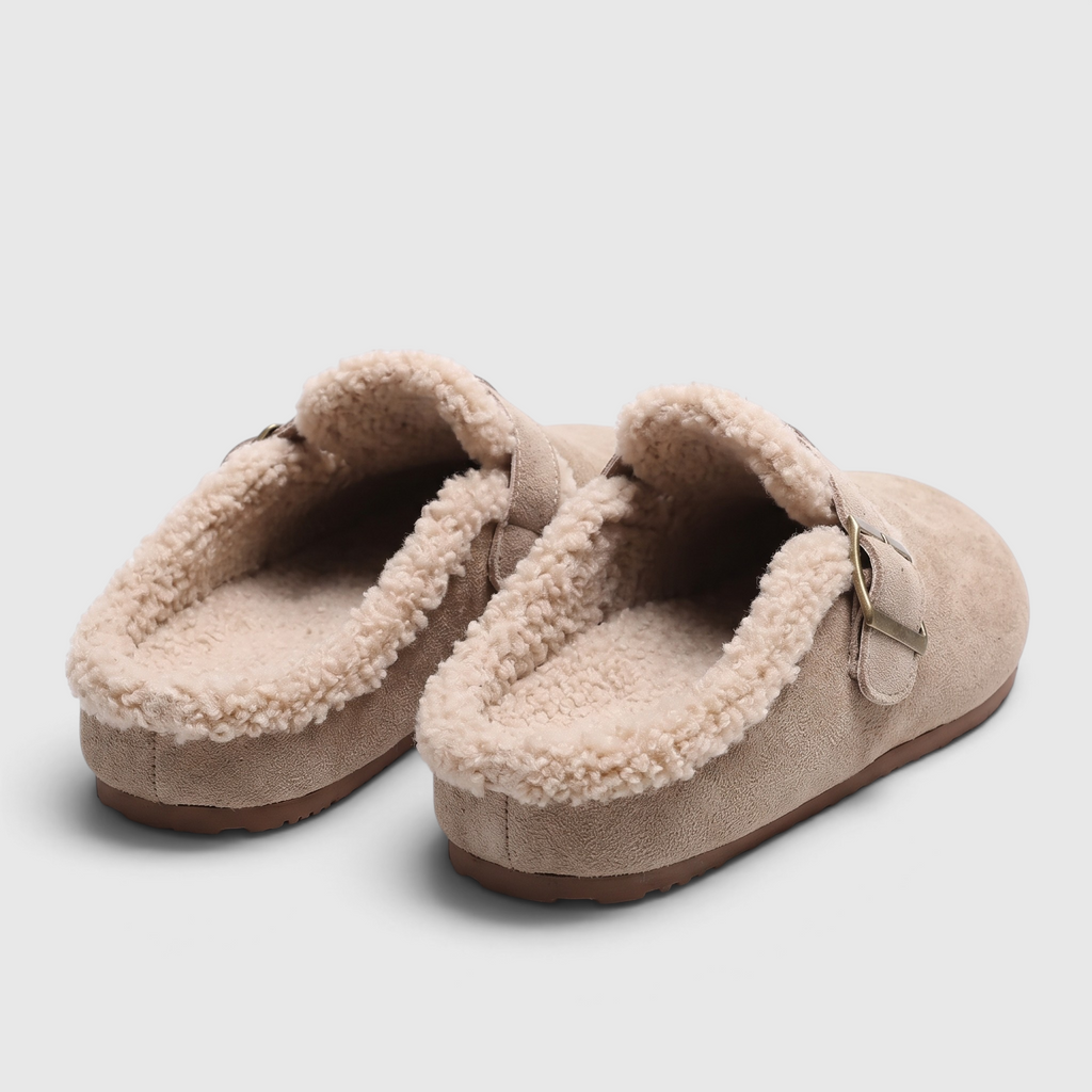 Sabots fourrés femme en suédine à boucle – Mules douces et confortables doublées sherpa