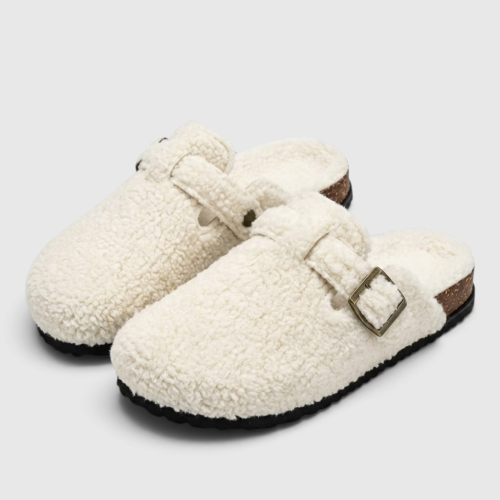 Sabots femme en fausse fourrure bouclée avec boucle – Mules d'hiver chaudes, douces et confortables à semelle liège