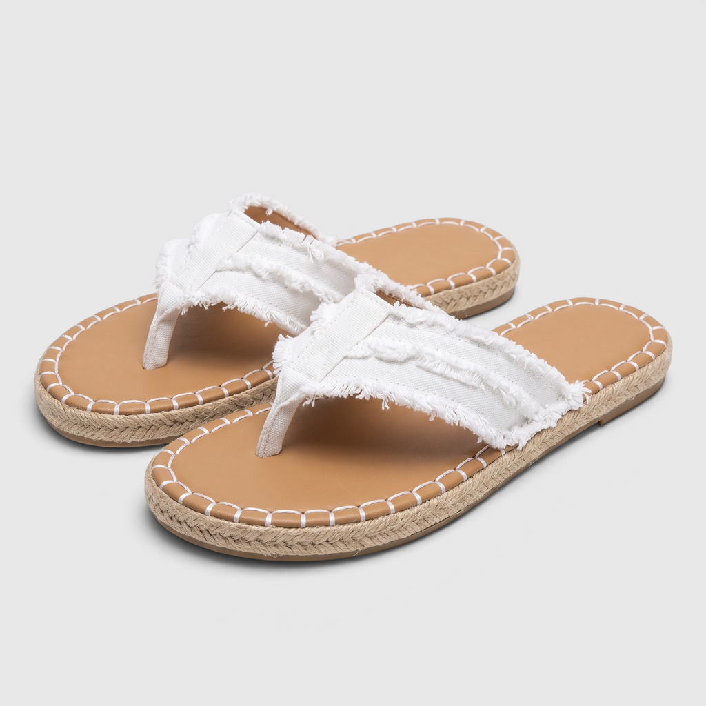 Tongs femme en jean à brides effilochées semelle espadrille – Sandales plates d'été confortables en toile et corde de jute pour plage et vacances