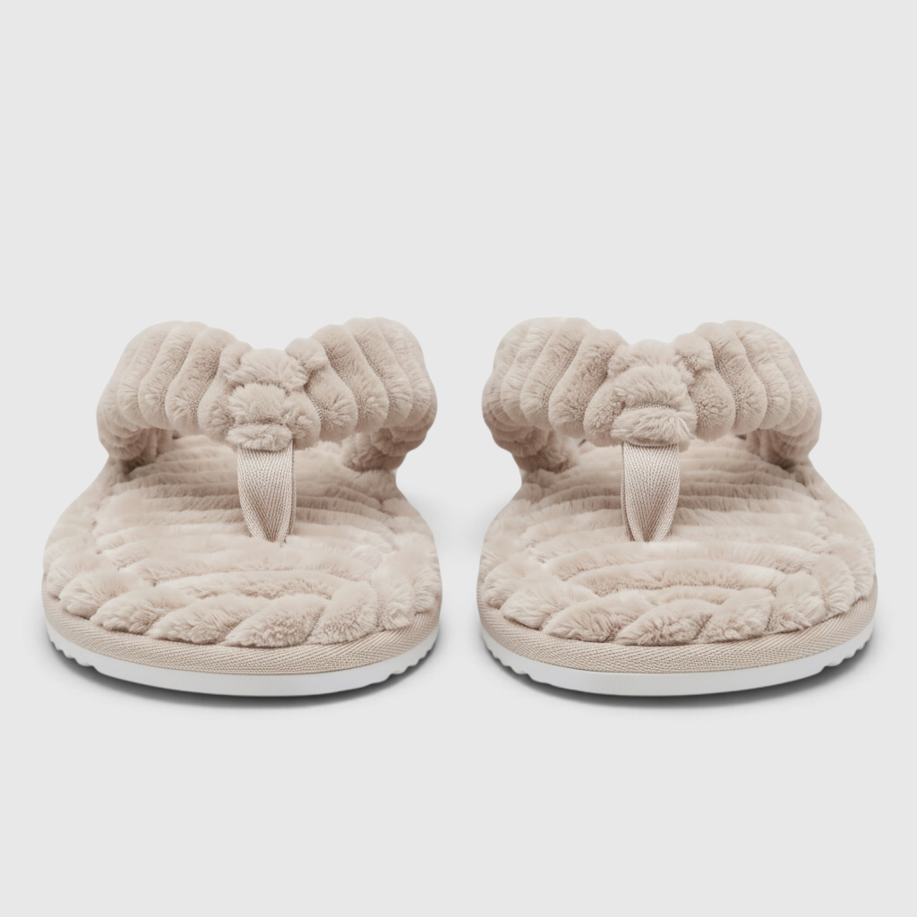 Chaussons tongs femme en fausse fourrure pelucheuse côtelée – Pantoufles d'intérieur douces, chaudes et confortables à semelle antidérapante pour chambre et maison
