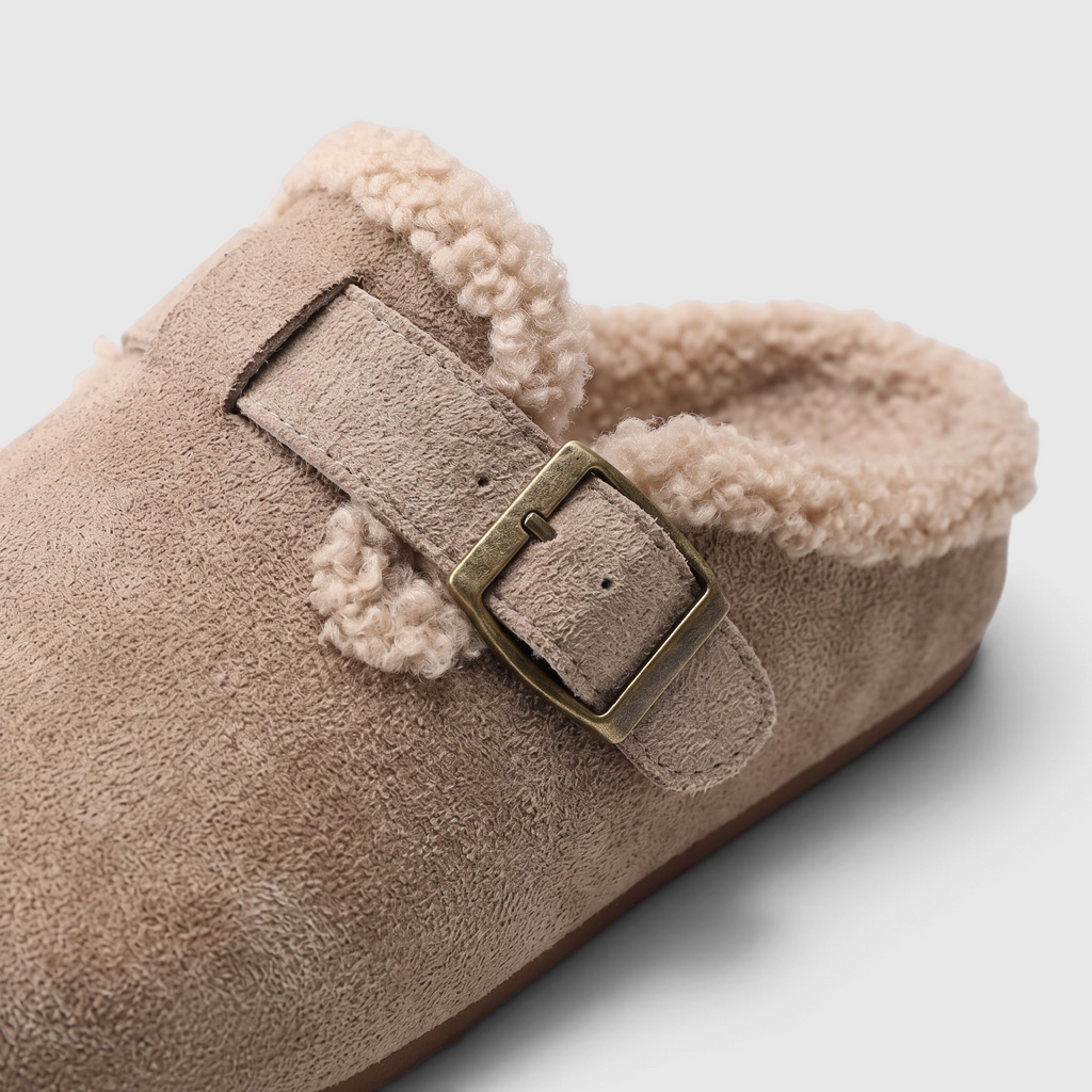 Sabots fourrés femme en suédine à boucle – Mules douces et confortables doublées sherpa