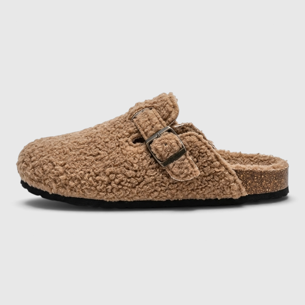 Sabots femme en fausse fourrure bouclée avec boucle – Mules d'hiver chaudes, douces et confortables à semelle liège
