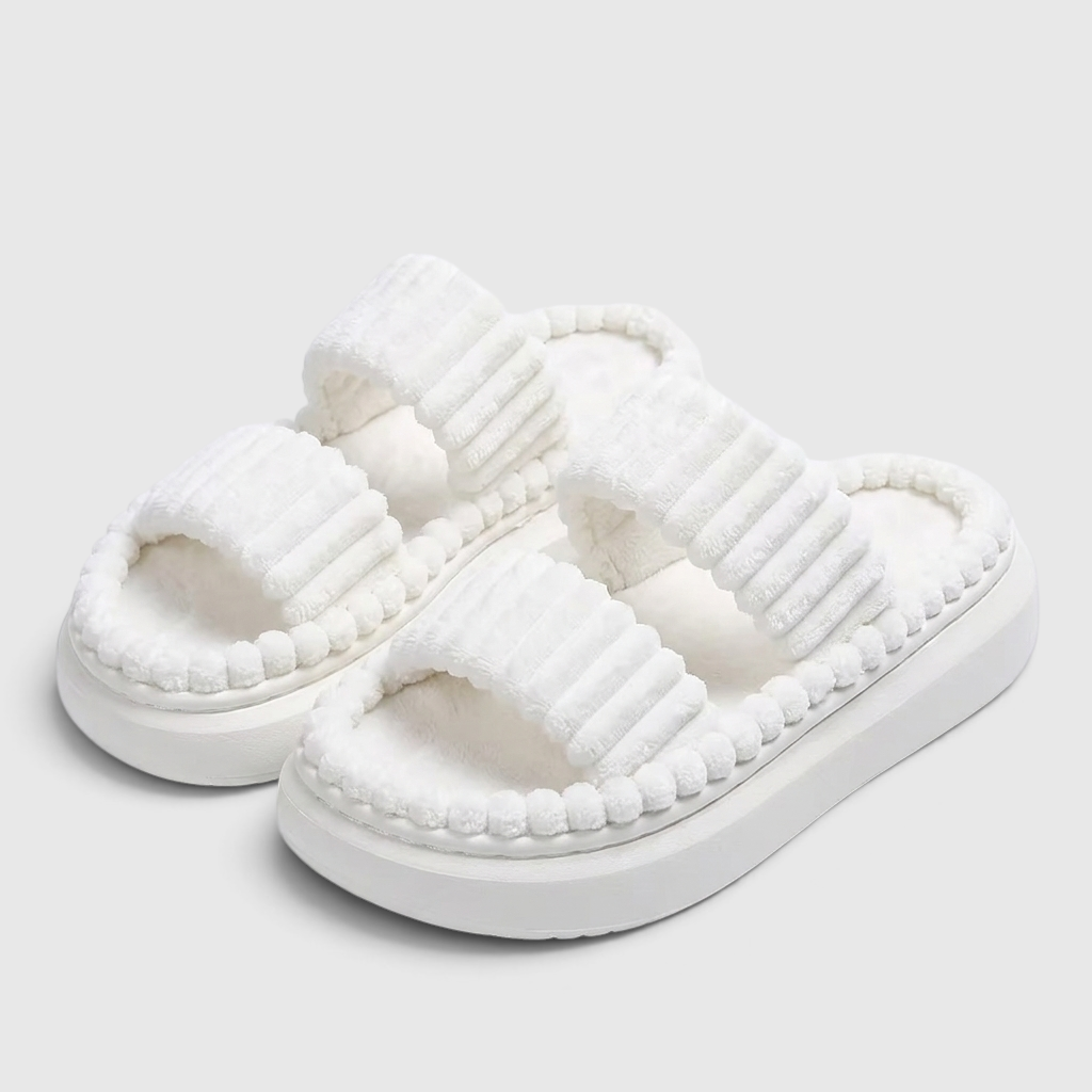 Claquettes femme plateforme en velours côtelé pelucheux – Sandales d'intérieur douces et confortables à double bride