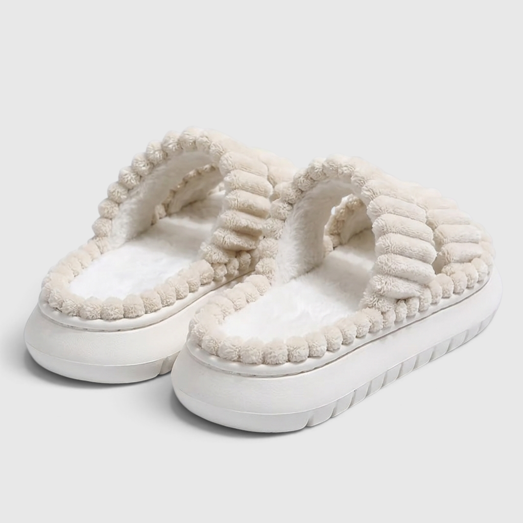 Claquettes femme plateforme en velours côtelé pelucheux – Sandales d'intérieur douces et confortables à double bride