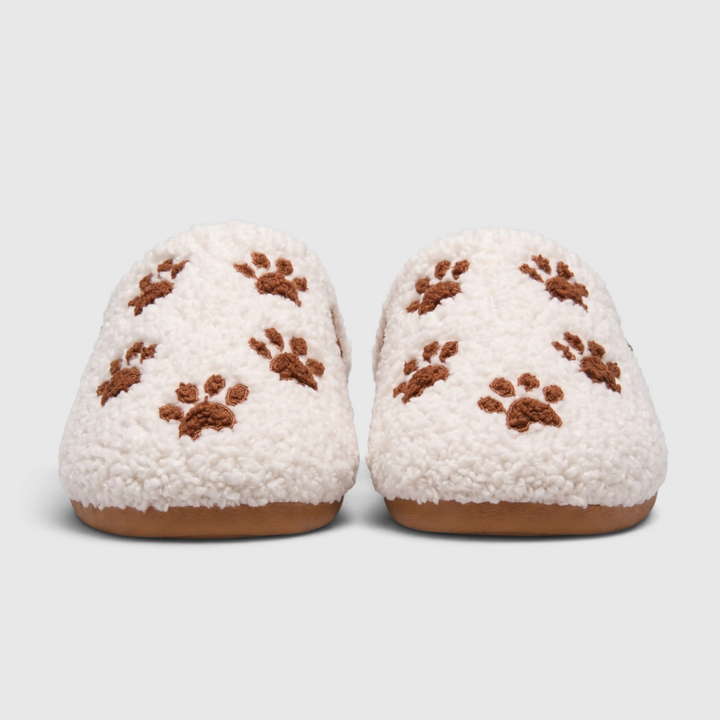 Chaussons femme en polaire brodée pattes d'animaux – Mules d'intérieur douces, chaudes et confortables