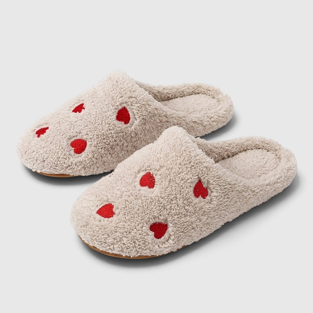 Pantoufles femme en peluche à motifs cœurs – Chaussons d'intérieur doux, chauds et silencieux à semelle souple