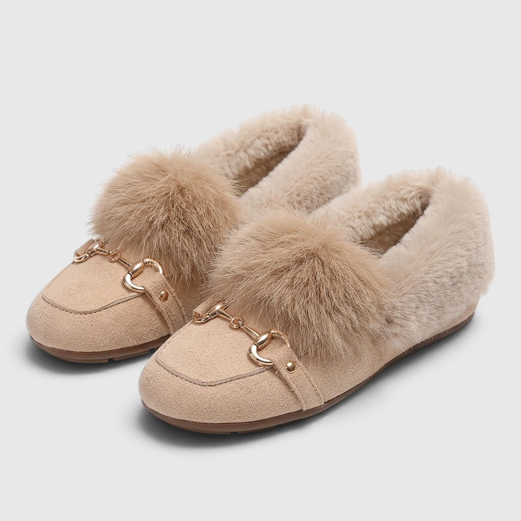 Mocassins femme à enfiler avec boucle dorée et fausse fourrure – Chaussons doux, légers et confortables