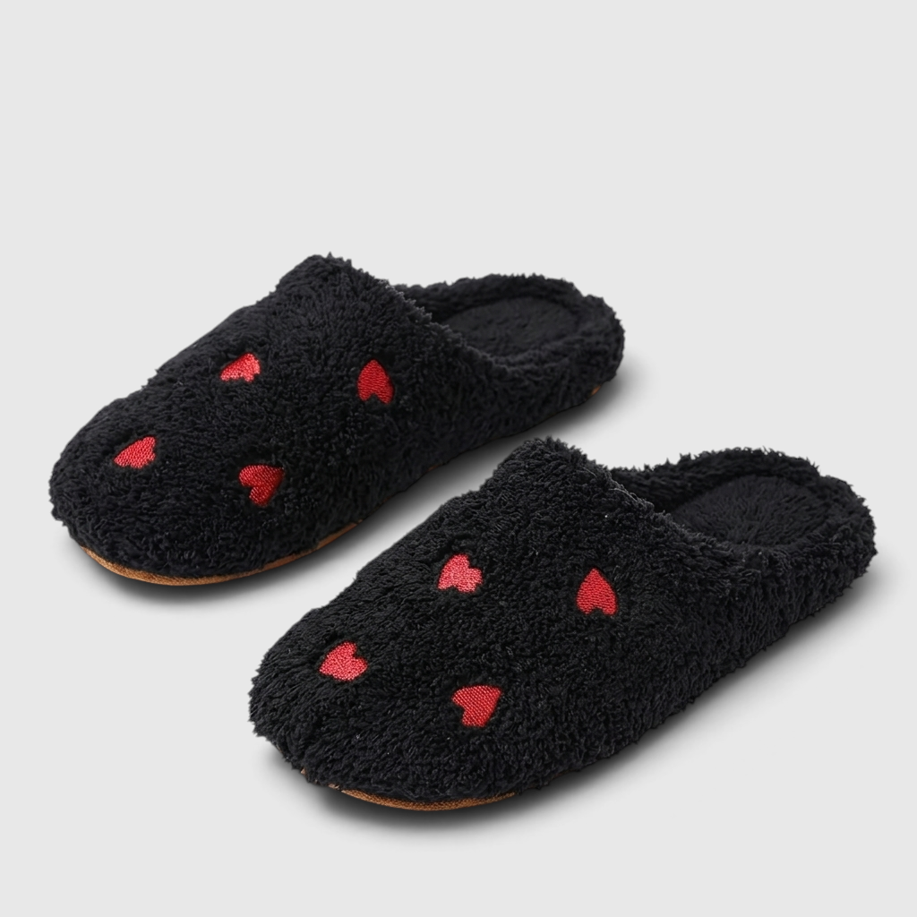 Pantoufles femme en peluche à motifs cœurs – Chaussons d'intérieur doux, chauds et silencieux à semelle souple