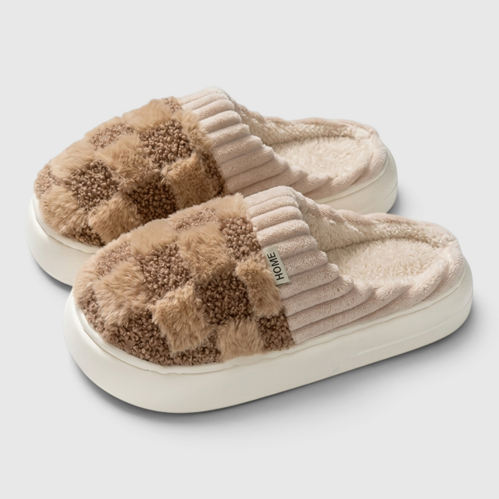 Pantoufles femme plateforme à motif damier pelucheux – Chaussons d'intérieur chauds, doux et confortables à semelle épaisse