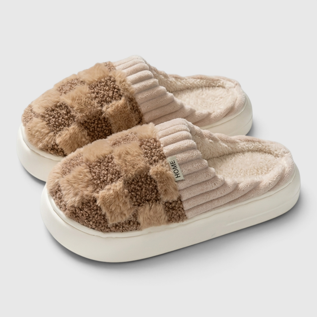 Pantoufles femme plateforme à motif damier pelucheux – Chaussons d'intérieur chauds, doux et confortables à semelle épaisse