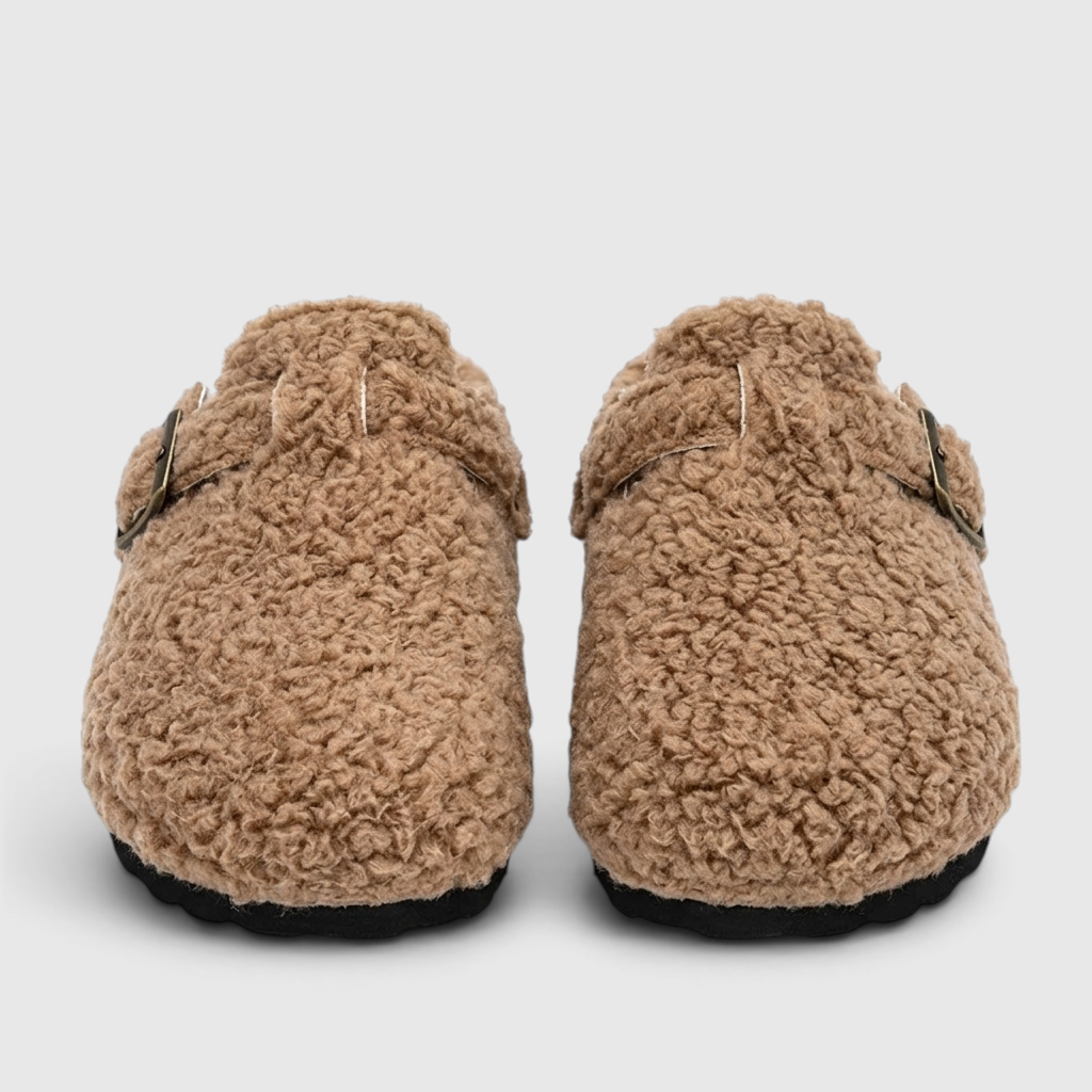 Sabots femme en fausse fourrure bouclée avec boucle – Mules d'hiver chaudes, douces et confortables à semelle liège