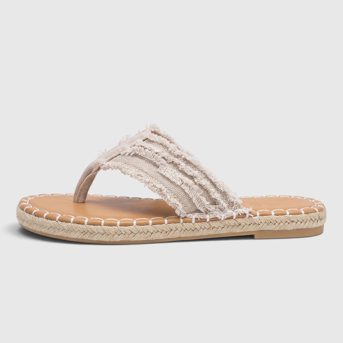 Tongs femme en jean à brides effilochées semelle espadrille – Sandales plates d'été confortables en toile et corde de jute pour plage et vacances