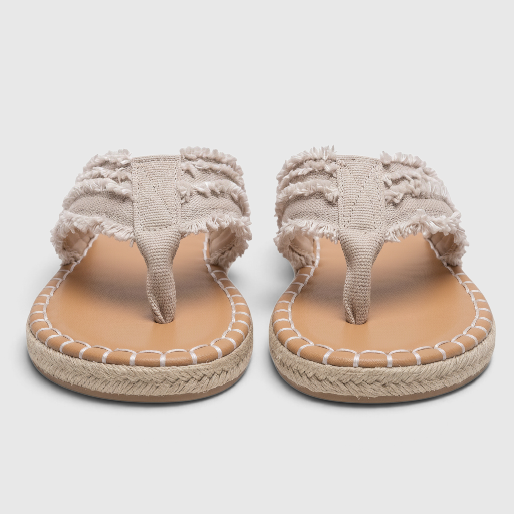 Tongs femme en jean à brides effilochées semelle espadrille – Sandales plates d'été confortables en toile et corde de jute pour plage et vacances