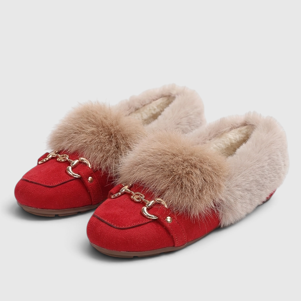 Mocassins femme à enfiler avec boucle dorée et fausse fourrure – Chaussons doux, légers et confortables