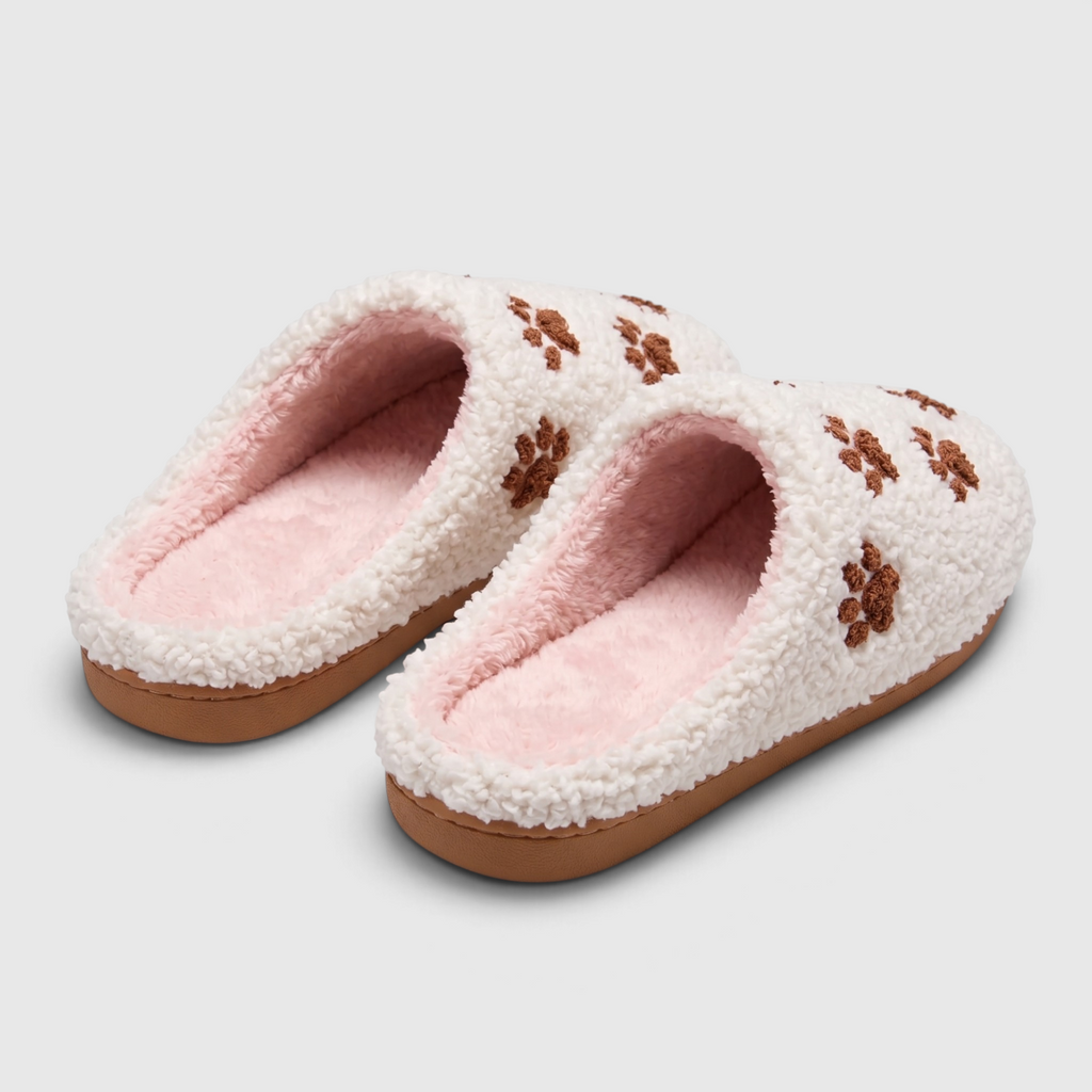 Chaussons femme en polaire brodée pattes d'animaux – Mules d'intérieur douces, chaudes et confortables