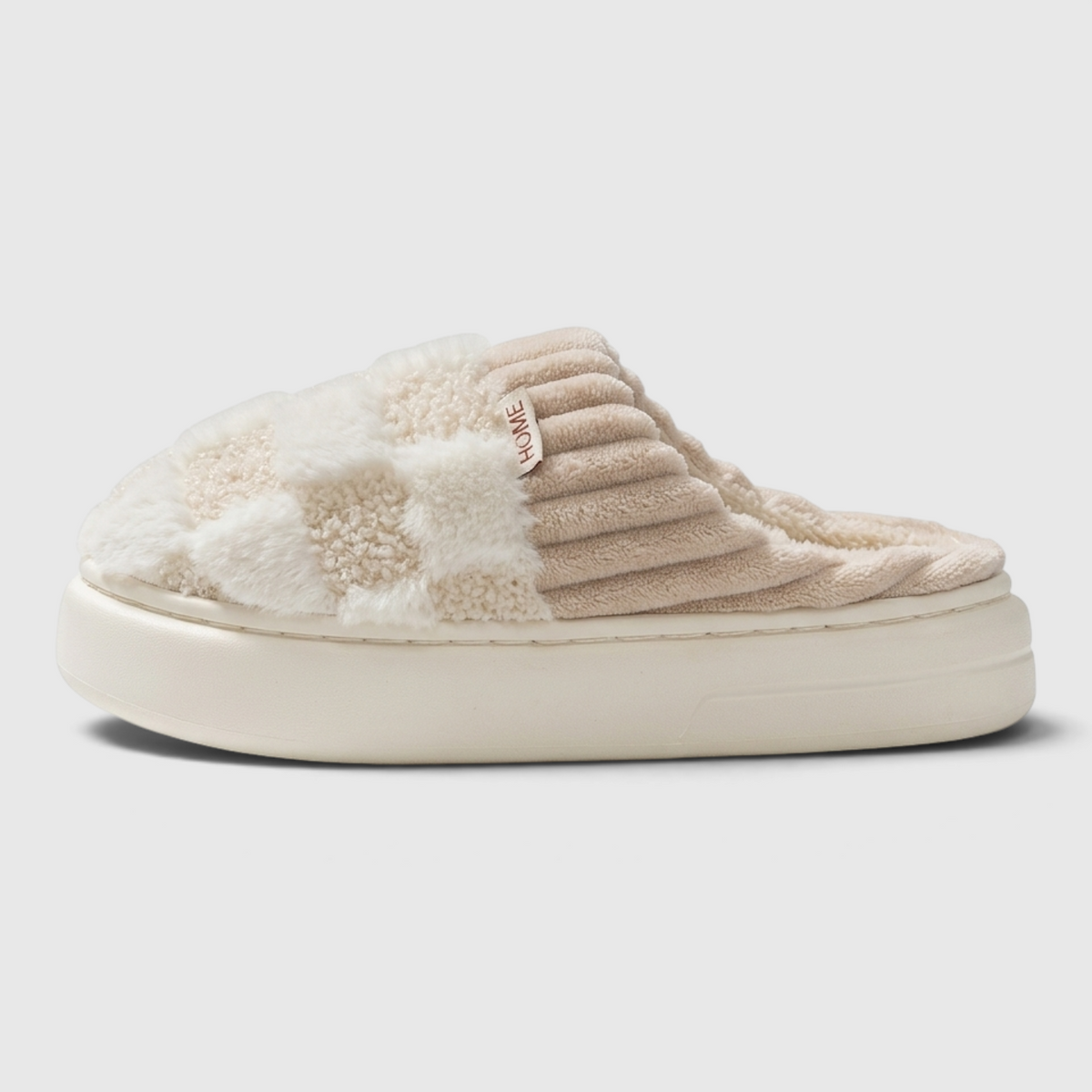 Pantoufles femme plateforme à motif damier pelucheux – Chaussons d'intérieur chauds, doux et confortables à semelle épaisse
