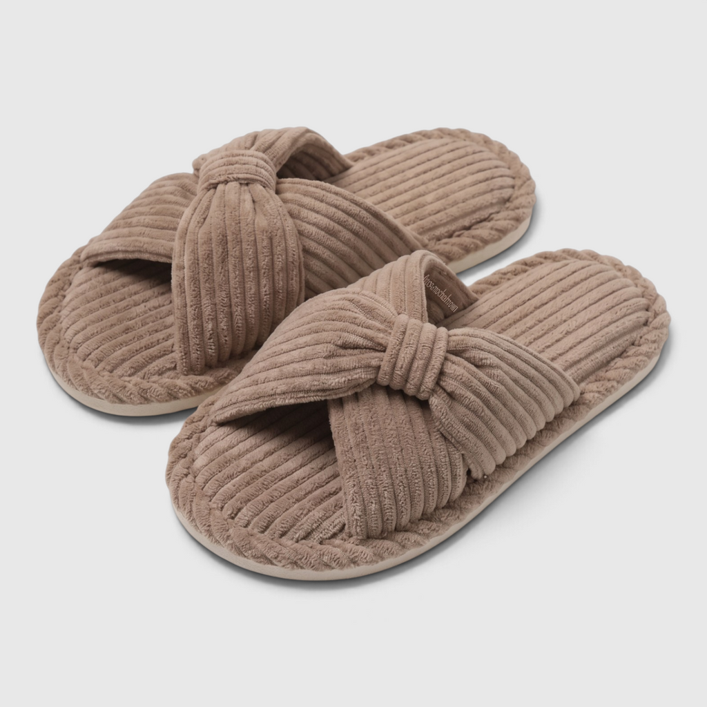 Chaussons femme en velours côtelé à nœud – Mules d'intérieur douces, légères et confortables