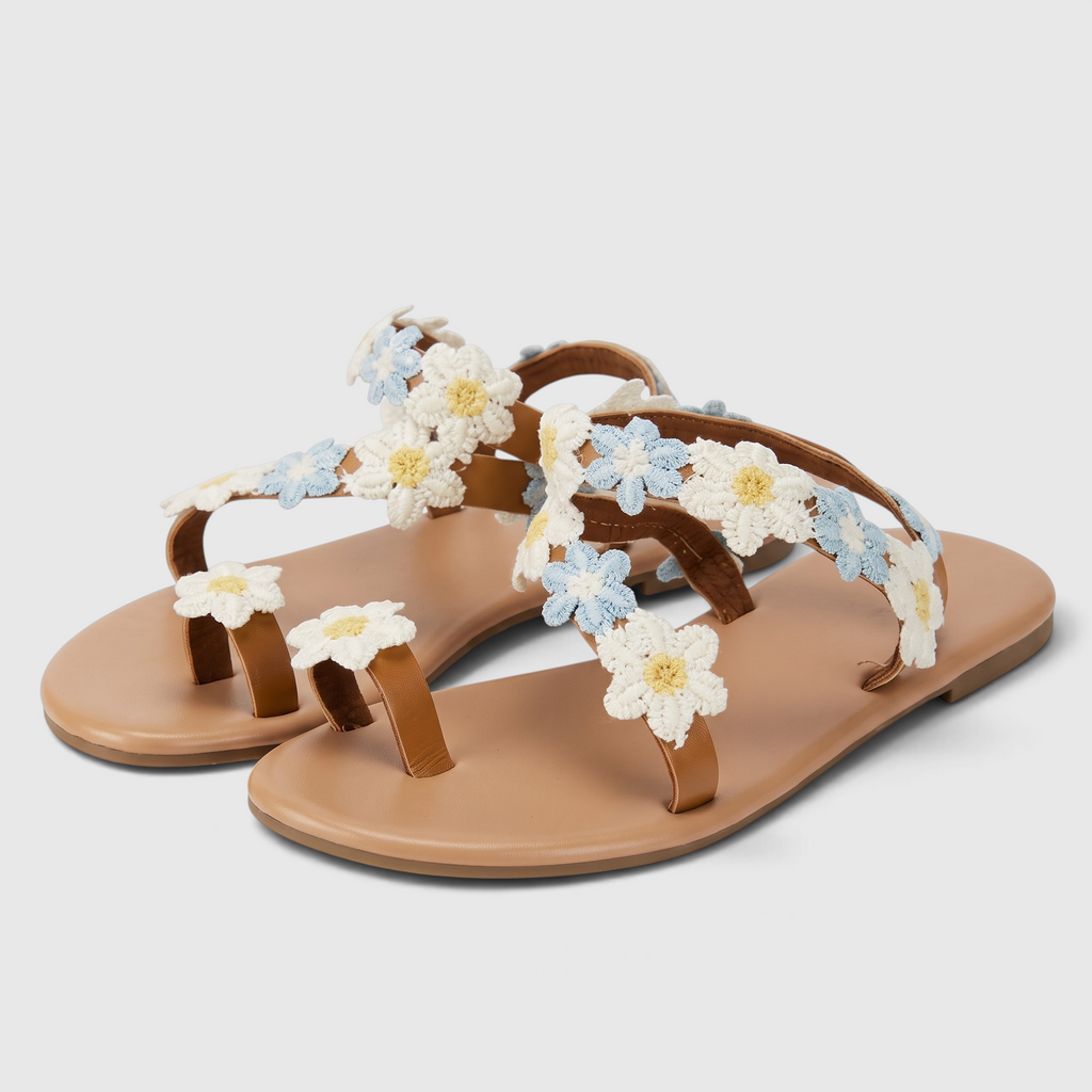 Sandales plates bohème fleuries pour mariage à la plage – Nu-pieds chics à marguerites brodées, confortables et légers pour invitée et cérémonie