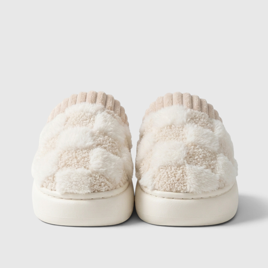 Pantoufles femme plateforme à motif damier pelucheux – Chaussons d'intérieur chauds, doux et confortables à semelle épaisse