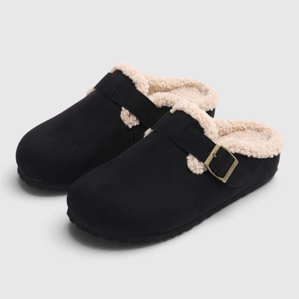 Sabots fourrés femme en suédine à boucle – Mules douces et confortables doublées sherpa