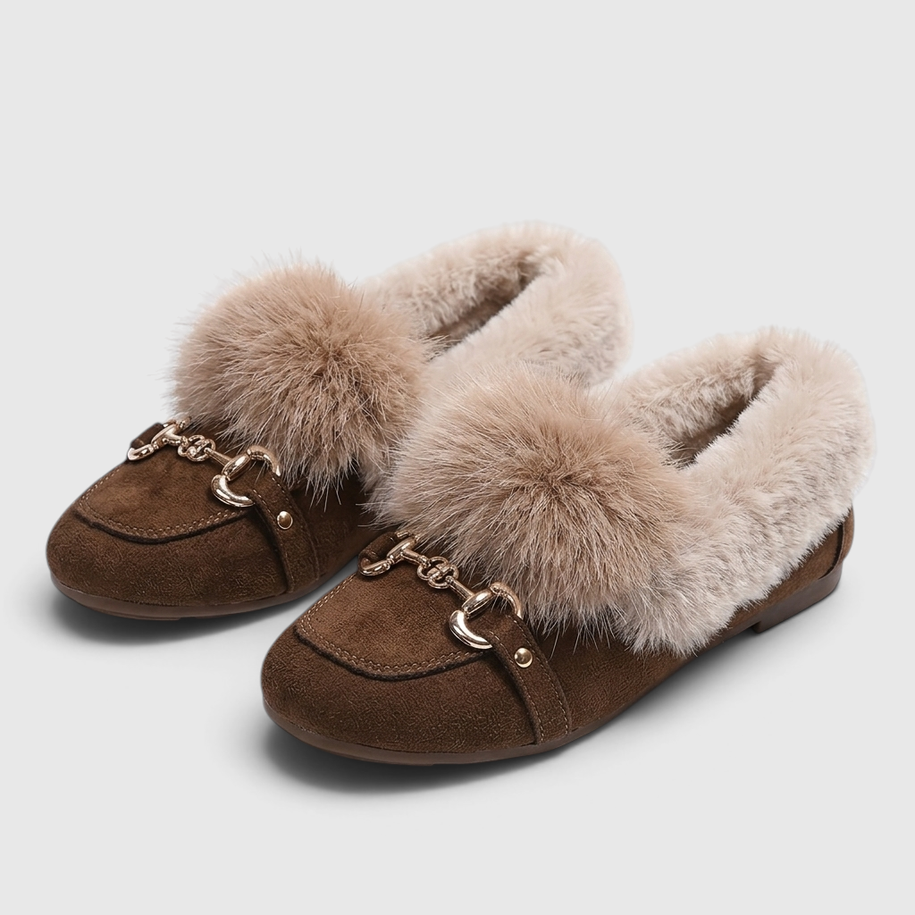 Mocassins femme à enfiler avec boucle dorée et fausse fourrure – Chaussons doux, légers et confortables