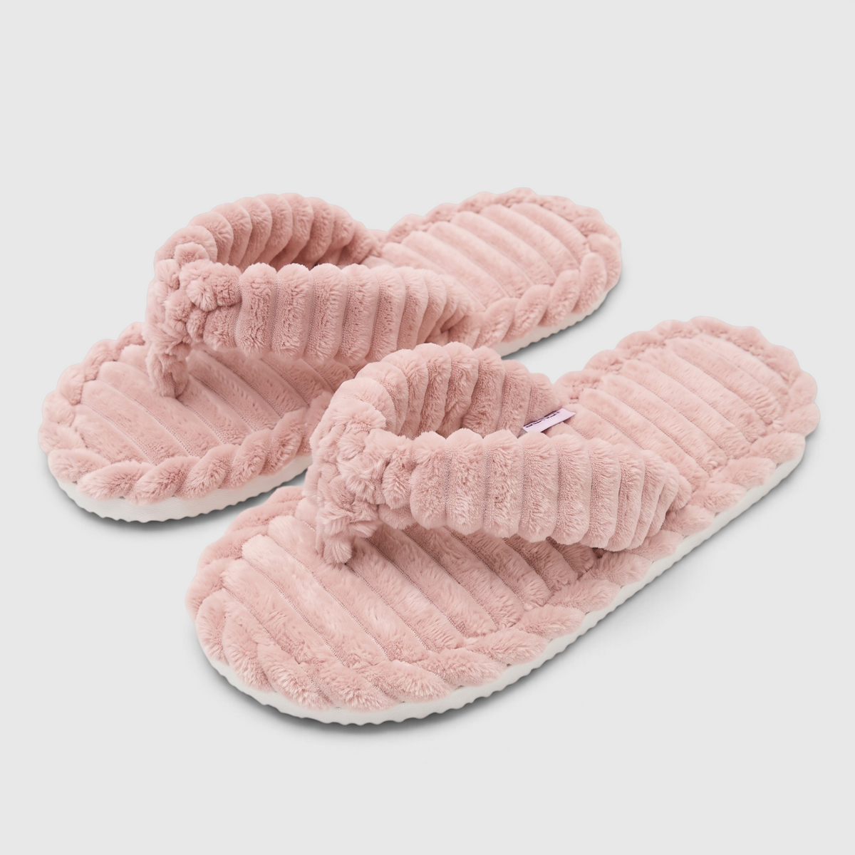 Chaussons tongs femme en fausse fourrure pelucheuse côtelée – Pantoufles d'intérieur douces, chaudes et confortables à semelle antidérapante pour chambre et maison