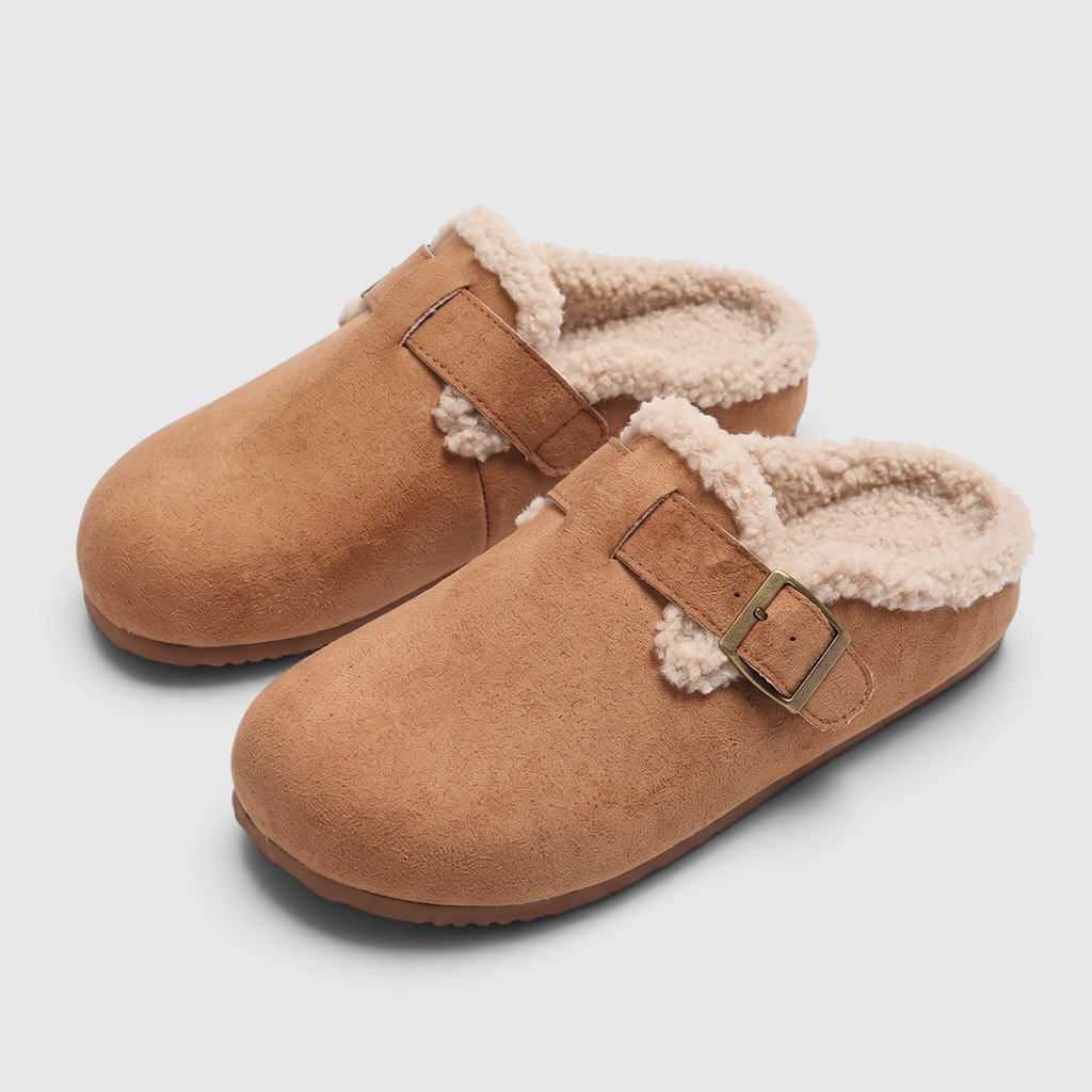 Sabots fourrés femme en suédine à boucle – Mules douces et confortables doublées sherpa