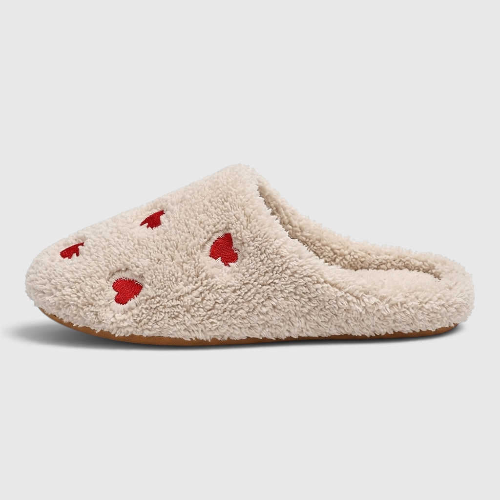 Pantoufles femme en peluche à motifs cœurs – Chaussons d'intérieur doux, chauds et silencieux à semelle souple