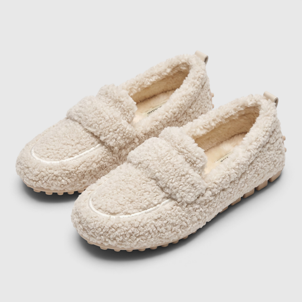 Mocassins Slip-on en Matière Bouclette Teddy pour Femme — Grand Confort, Chaleur Douillette & Semelle Souple
