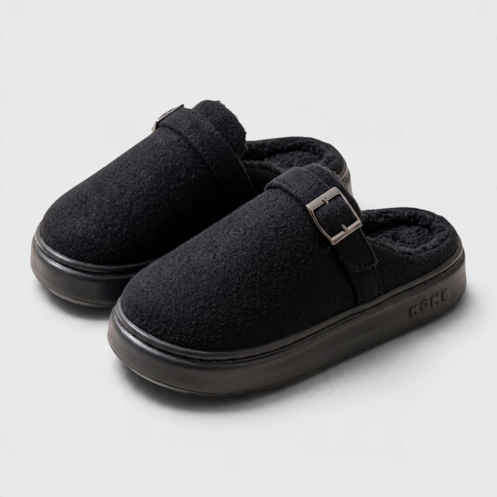 Mules Sabots d'Intérieur Compensées à Boucle en Feutrine Fourrée – Confort, Chaleur & Style Maison Femme