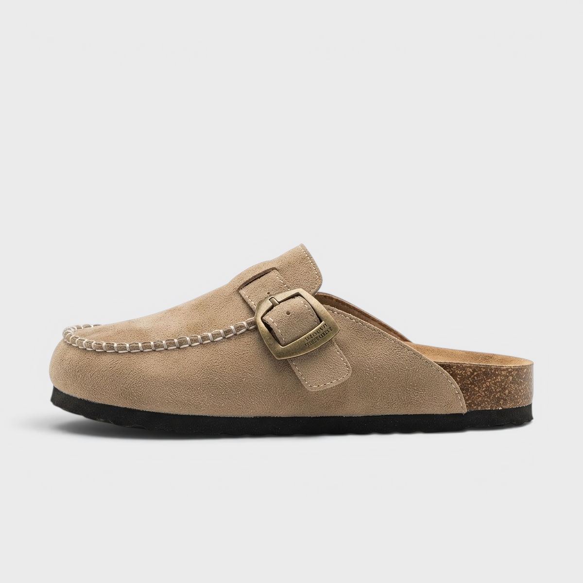 Mules femme en suédine avec boucle rétro et semelle en liège – Sabots d'été et mi-saison confortables à surpiqûres artisanales