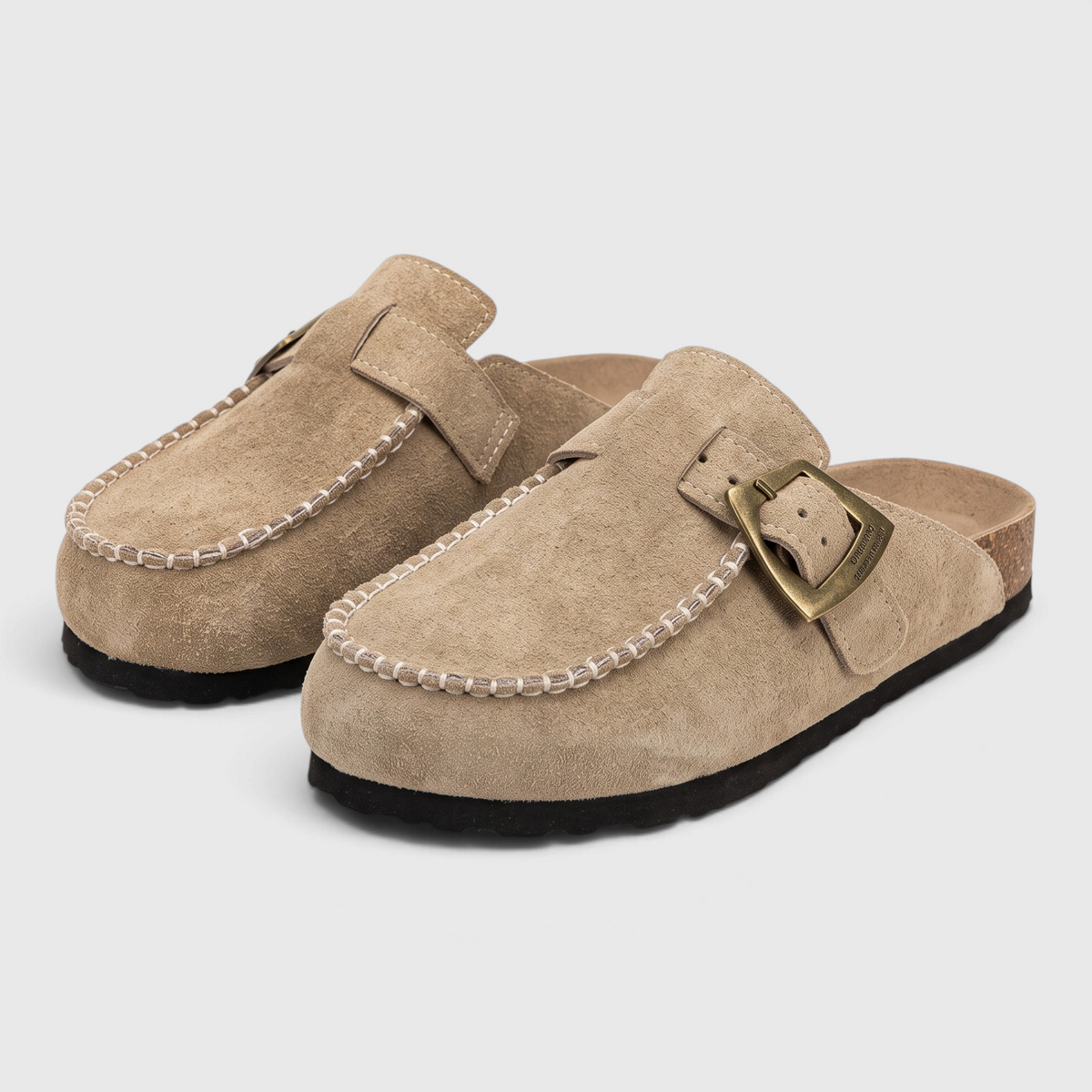 Mules femme en suédine avec boucle rétro et semelle en liège – Sabots d'été et mi-saison confortables à surpiqûres artisanales