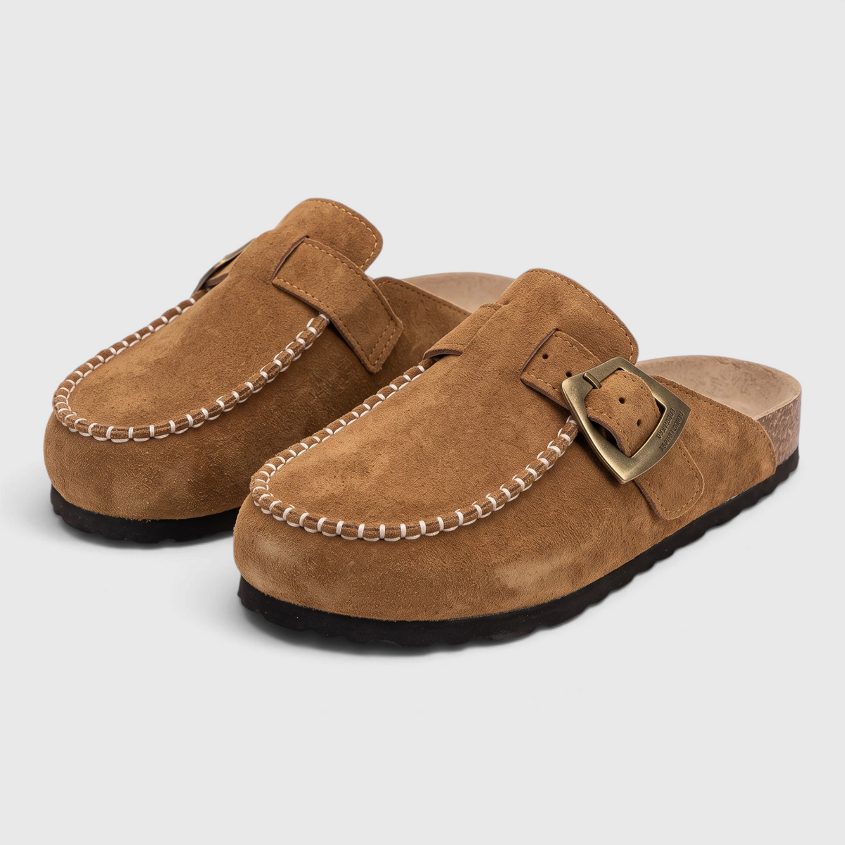Mules femme en suédine avec boucle rétro et semelle en liège – Sabots d'été et mi-saison confortables à surpiqûres artisanales