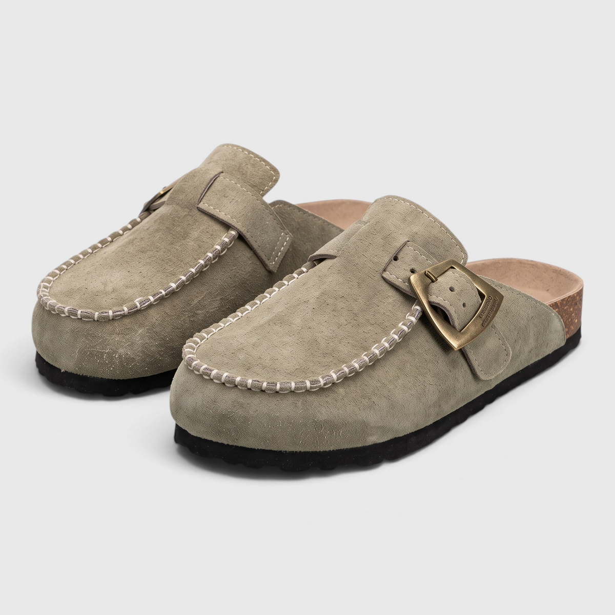 Mules femme en suédine avec boucle rétro et semelle en liège – Sabots d'été et mi-saison confortables à surpiqûres artisanales