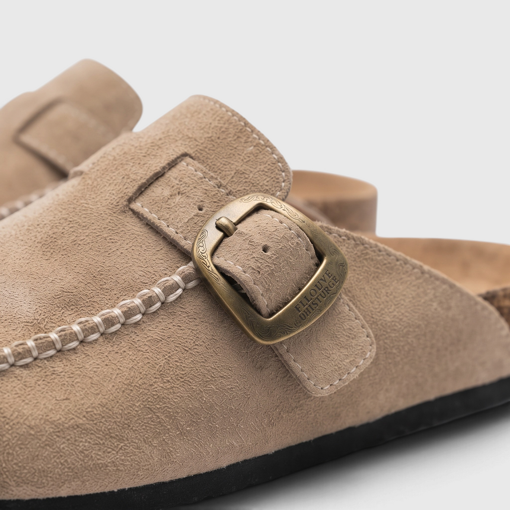 Mules femme en suédine avec boucle rétro et semelle en liège – Sabots d'été et mi-saison confortables à surpiqûres artisanales
