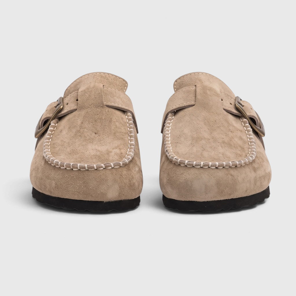 Mules femme en suédine avec boucle rétro et semelle en liège – Sabots d'été et mi-saison confortables à surpiqûres artisanales