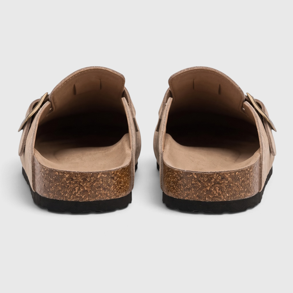 Mules femme en suédine avec boucle rétro et semelle en liège – Sabots d'été et mi-saison confortables à surpiqûres artisanales