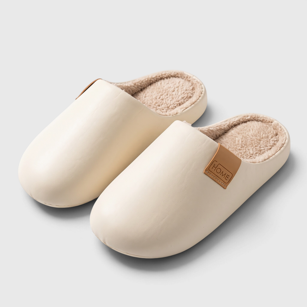 Mules femme et homme silencieuses en cuir imperméable doublées polaire – Pantoufles d'intérieur chaudes, légères et anti-bruit à semelle épaisse