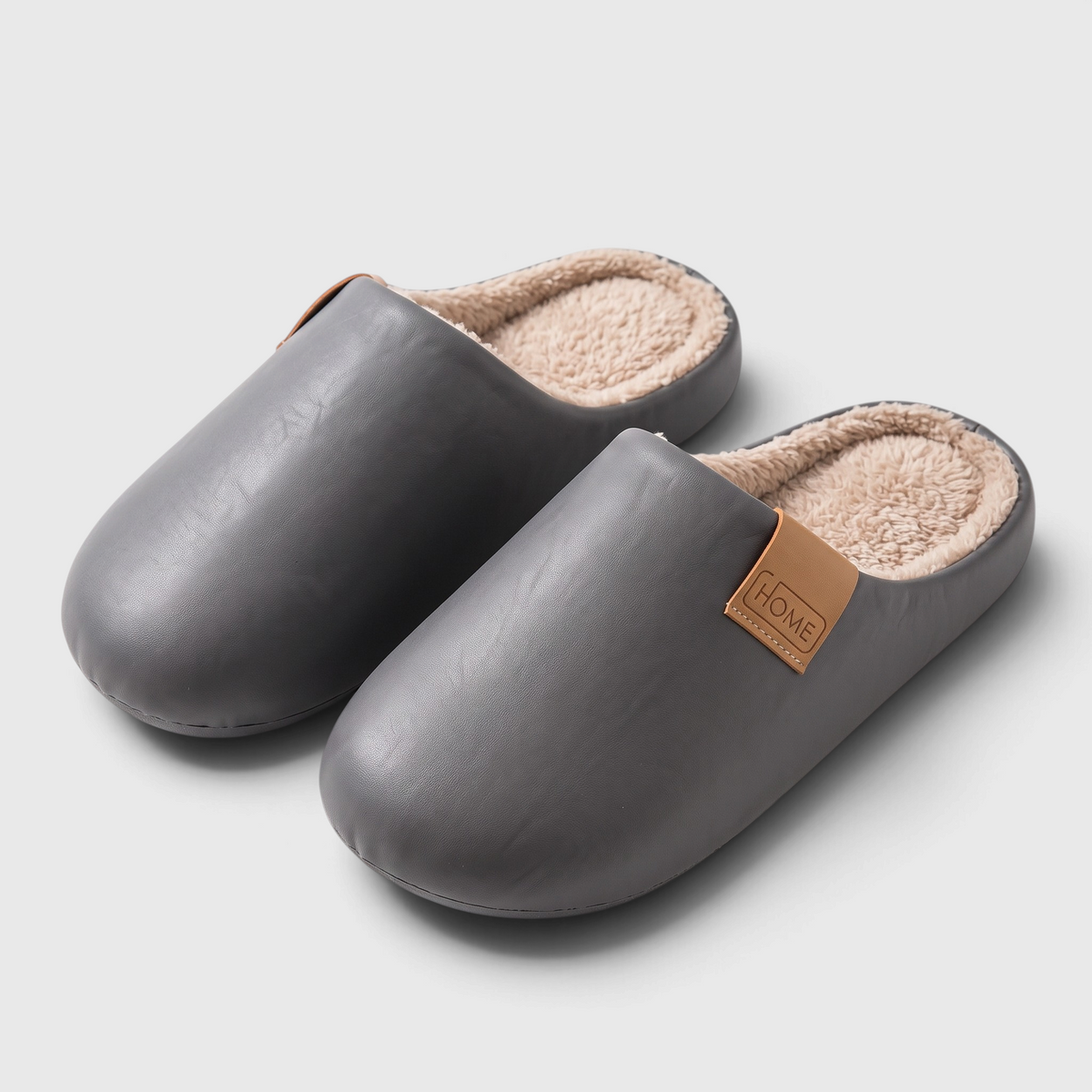 Mules femme et homme silencieuses en cuir imperméable doublées polaire – Pantoufles d'intérieur chaudes, légères et anti-bruit à semelle épaisse