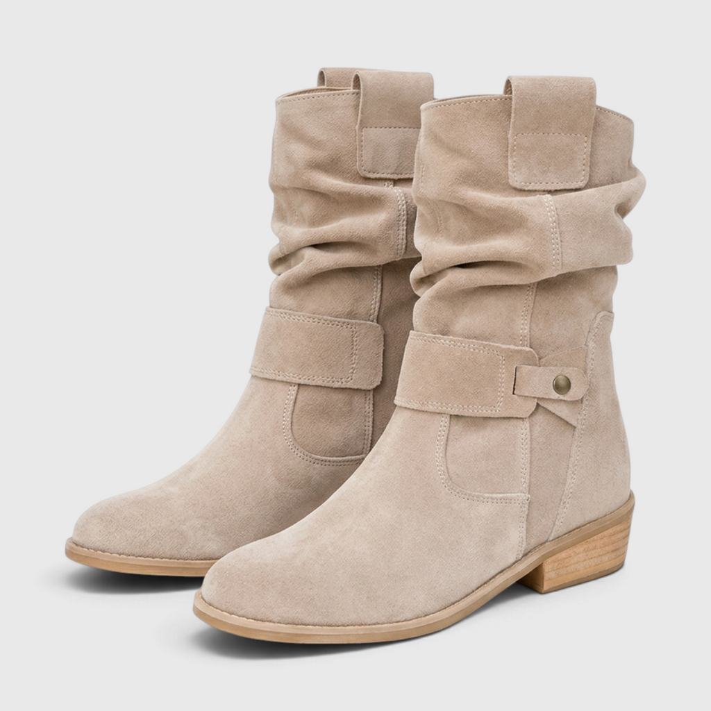 Bottines Slouchy Plissées en Suédine à Bride Rivetée & Petit Talon Bloc – Style Bohème Confort Femme