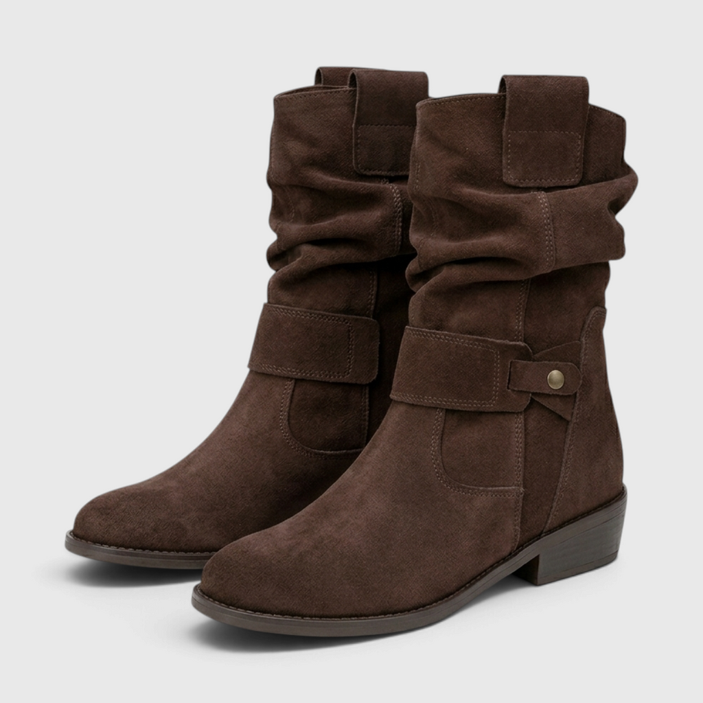 Bottines Slouchy Plissées en Suédine à Bride Rivetée & Petit Talon Bloc – Style Bohème Confort Femme