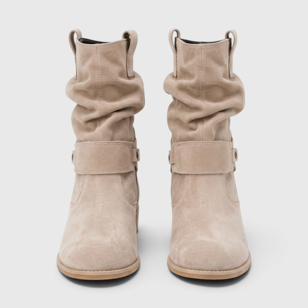Bottines Slouchy Plissées en Suédine à Bride Rivetée & Petit Talon Bloc – Style Bohème Confort Femme