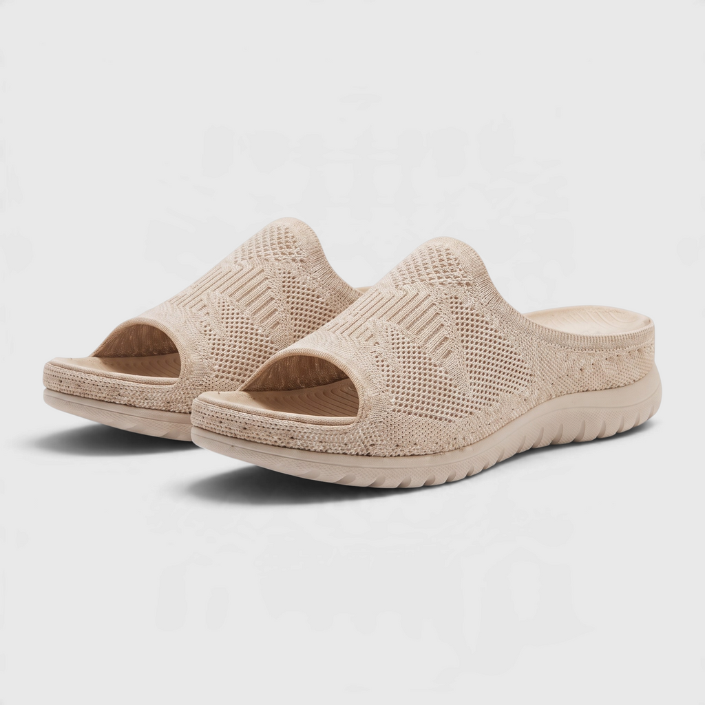 Sandales mules plates en maille tricotée pour femme avec soutien de la voûte plantaire – Claquettes d'été respirantes, légères et confortables