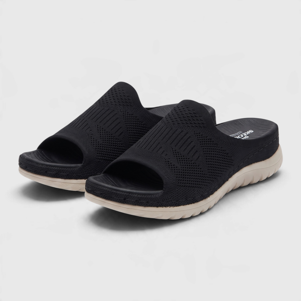 Sandales mules plates en maille tricotée pour femme avec soutien de la voûte plantaire – Claquettes d'été respirantes, légères et confortables