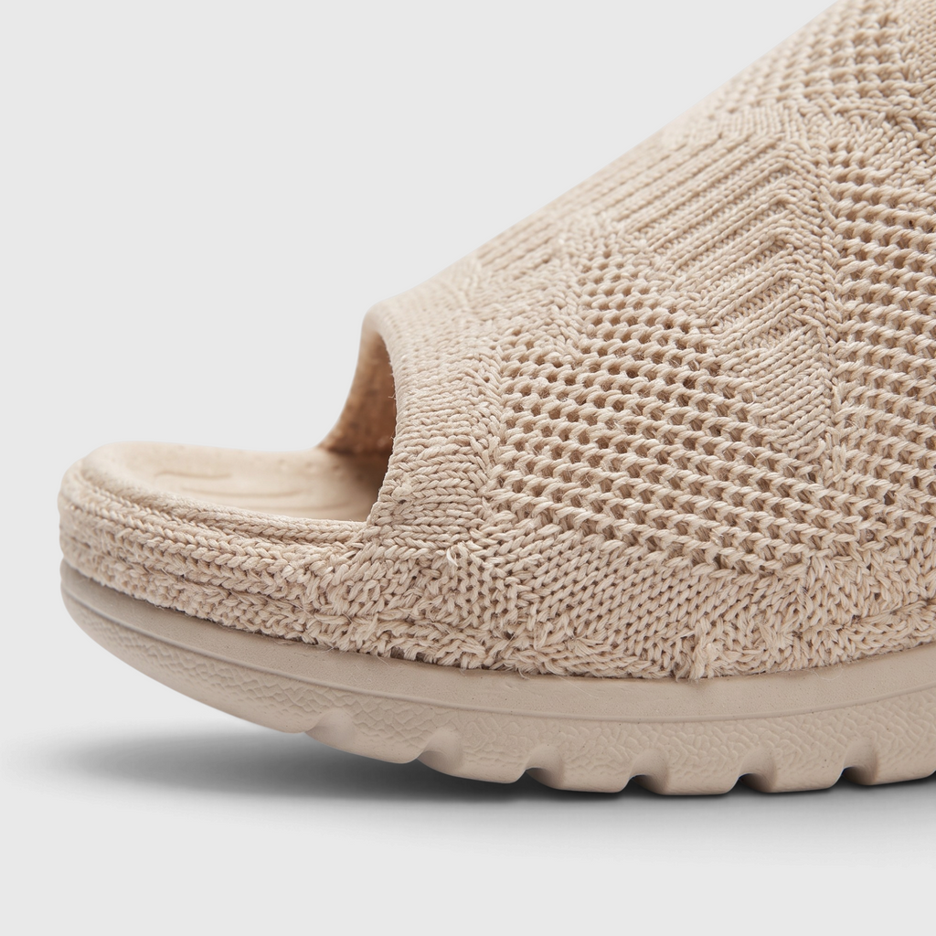 Sandales mules plates en maille tricotée pour femme avec soutien de la voûte plantaire – Claquettes d'été respirantes, légères et confortables