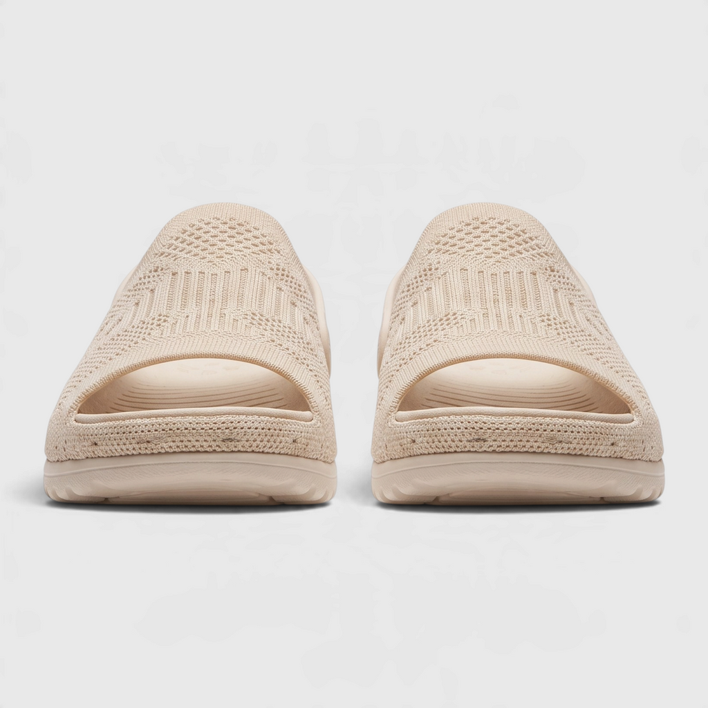 Sandales mules plates en maille tricotée pour femme avec soutien de la voûte plantaire – Claquettes d'été respirantes, légères et confortables