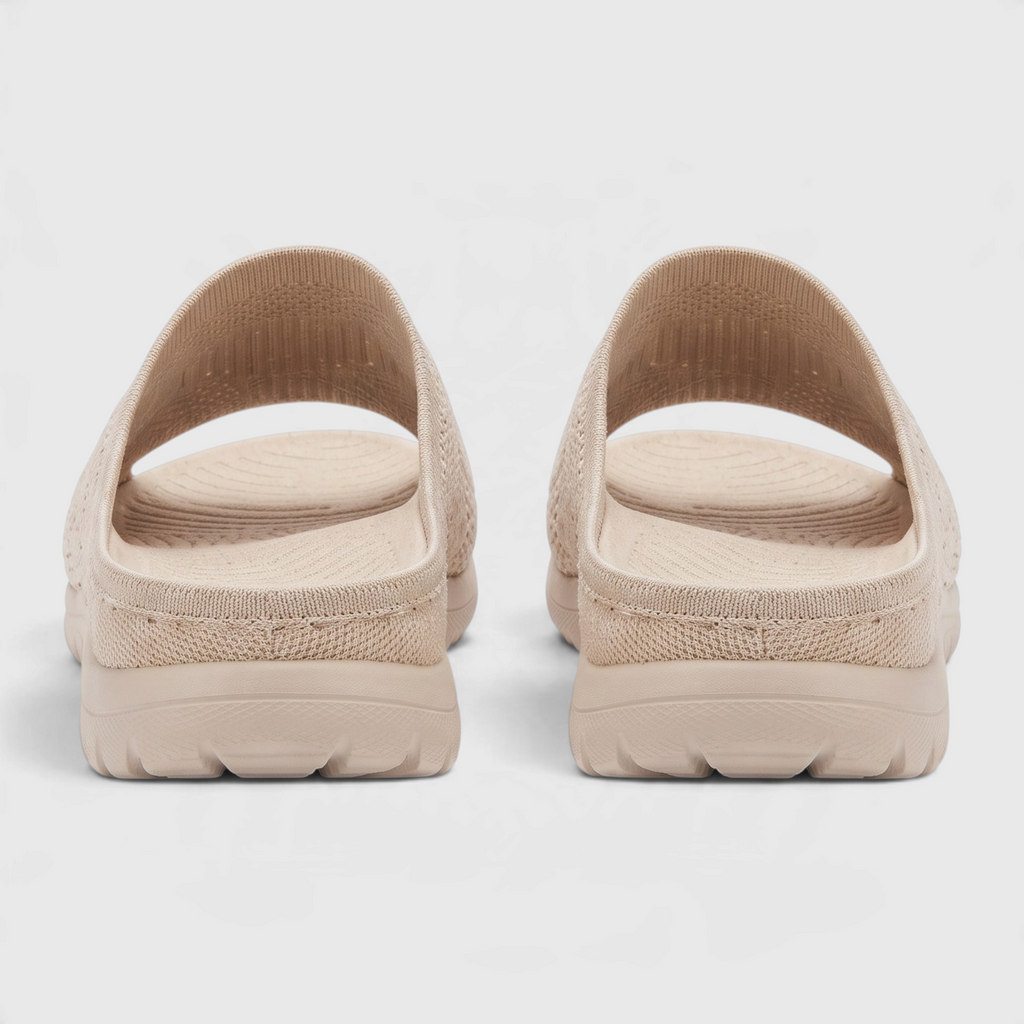 Sandales mules plates en maille tricotée pour femme avec soutien de la voûte plantaire – Claquettes d'été respirantes, légères et confortables