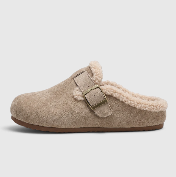 Sabots fourrés femme en suédine à boucle – Mules douces et confortables doublées sherpa