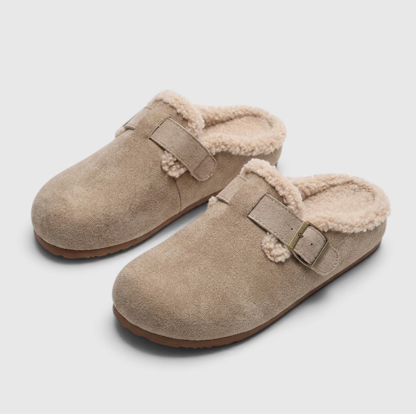 Sabots fourrés femme en suédine à boucle – Mules douces et confortables doublées sherpa